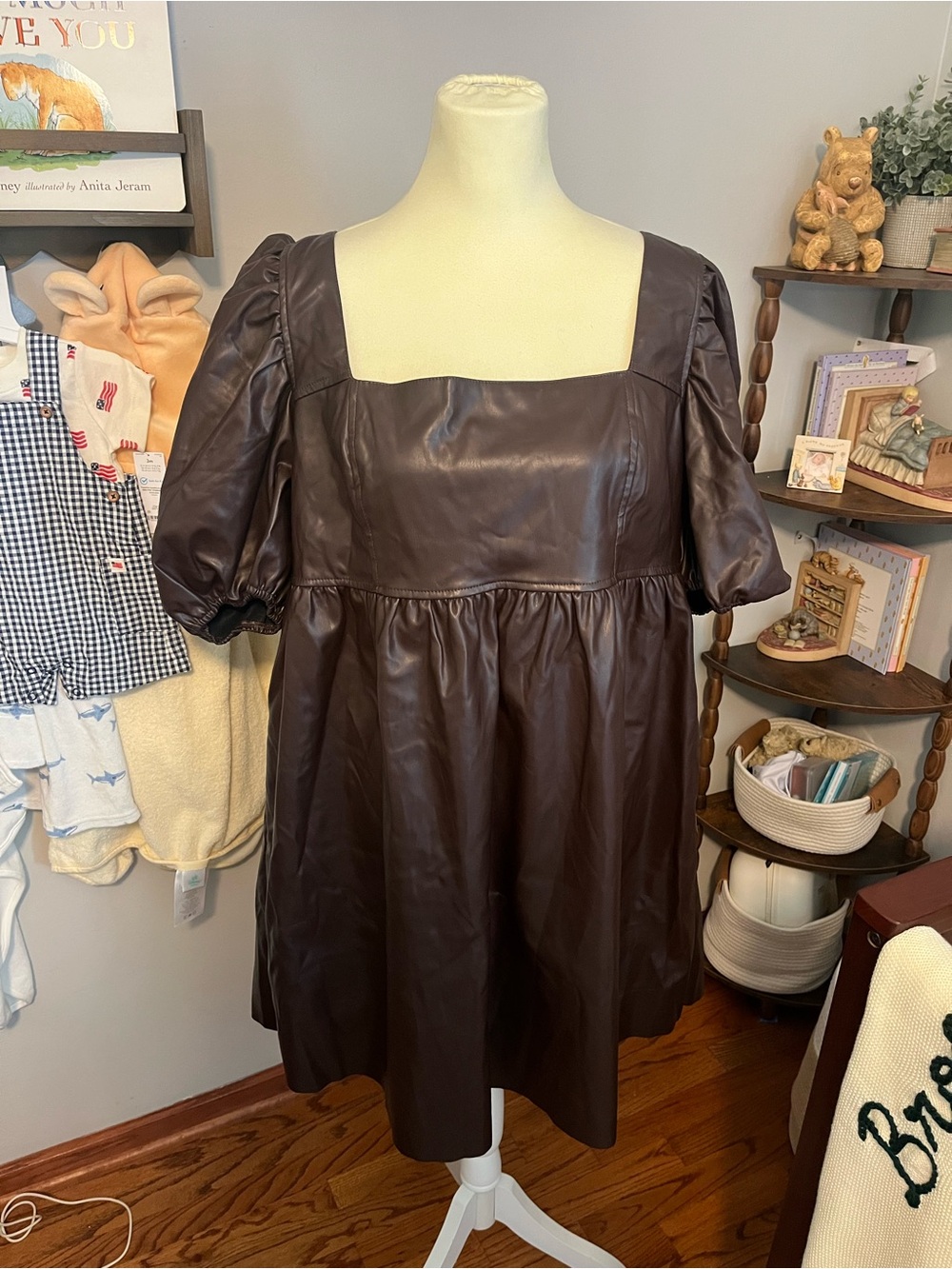Arula Brown leather babydoll dress w/ puff sleeves Size A (XXL)
